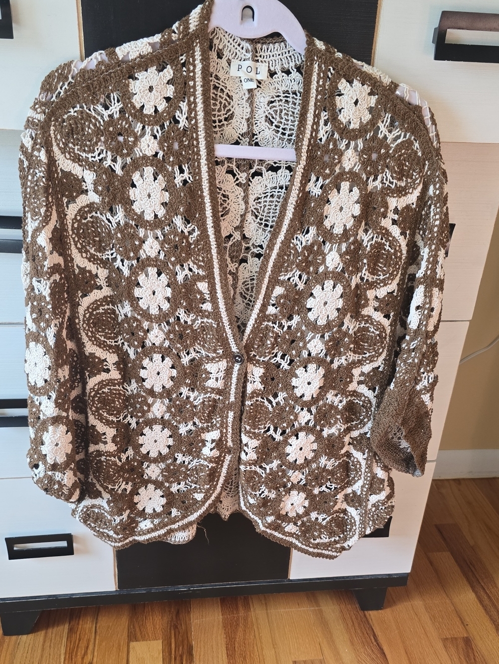 POL Crochet Open-Weave Cardigan Sweater in Brown and Cream